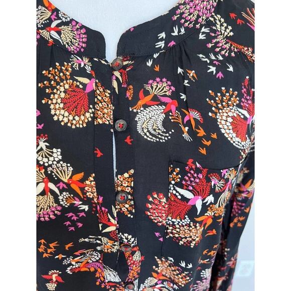 Anthropology Floral Blouse Long Sleeve Button Up Black Bird Print Top - Picture 3 of 10